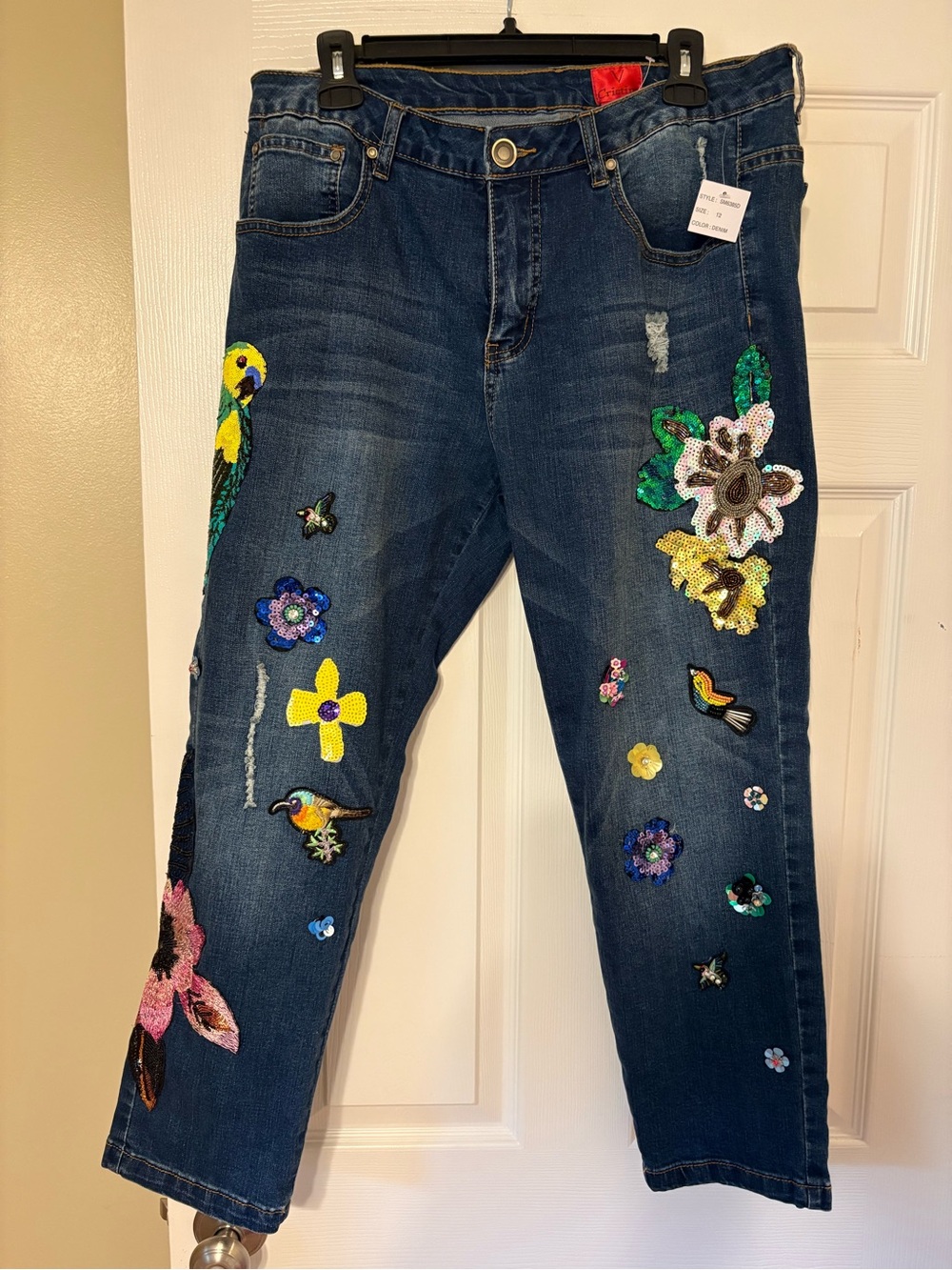 Cristina Embellished Jeans Cropped Distressed Floral Sequin Denim Statement NWT